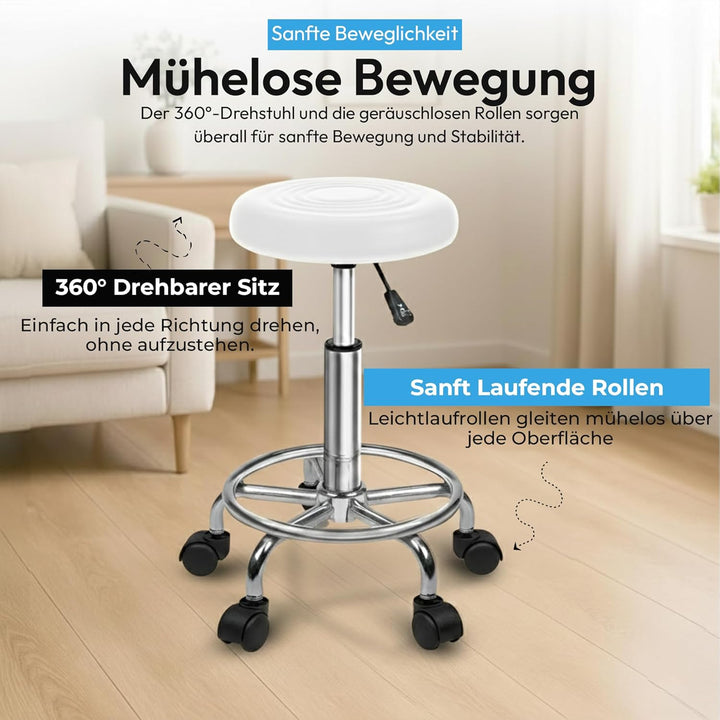 Ergonomie rollbarer Arbeitshocker Drehhocker Barhocker Praxishocker Rollhocker höhenverstellbar, wei
