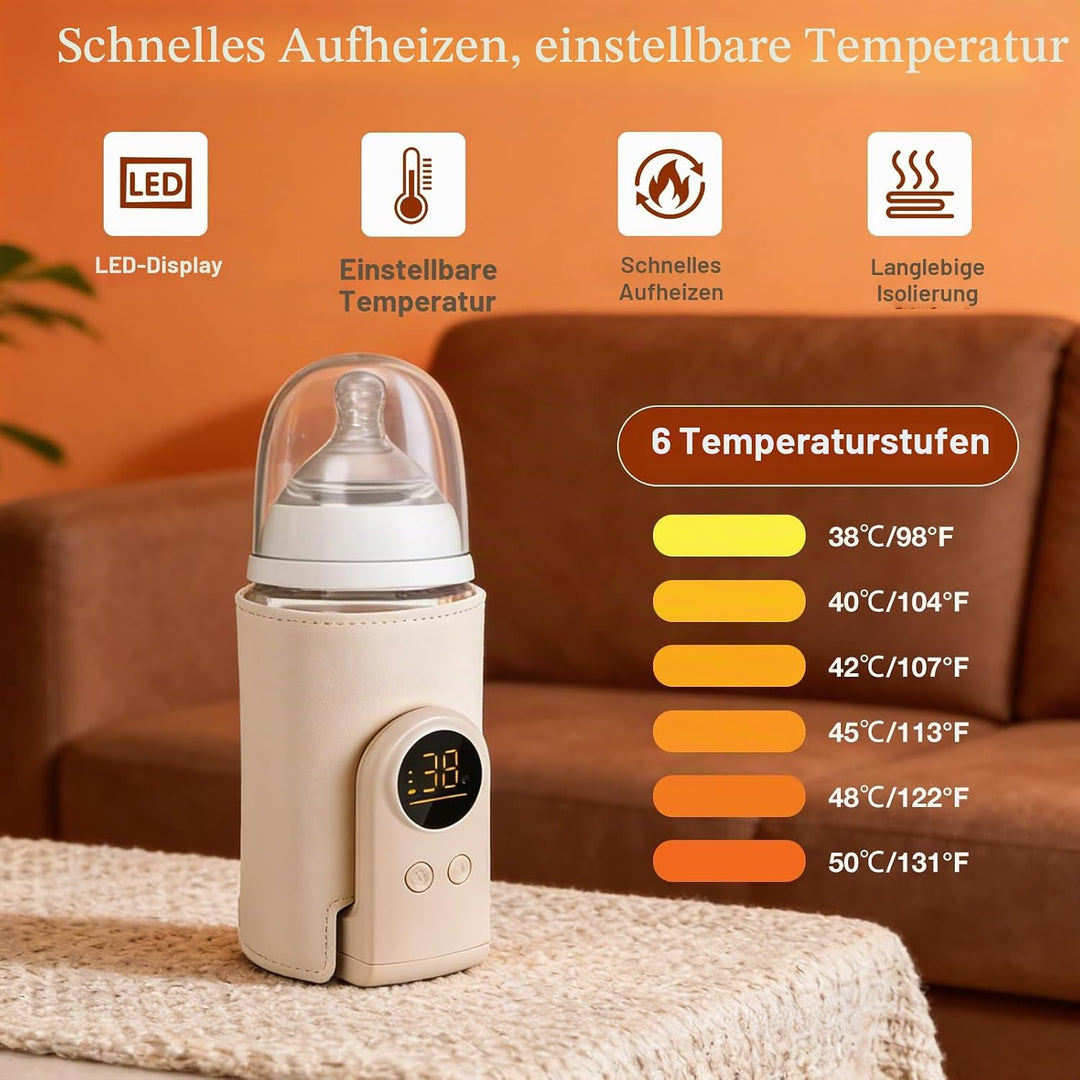 Flaschenwärmer Baby mit 6-Temperaturstufen (38°C-50°C), Tragbarer Flaschenwärmer Akku mit LCD-Displa