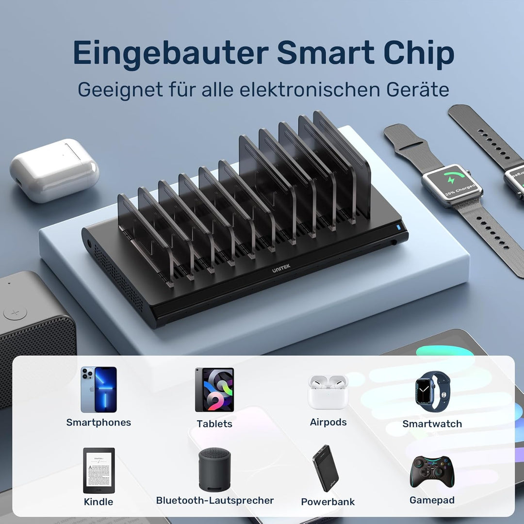 Unitek 120W 10 Port USB Ladestation mit Typ C und QC3.0, Multi Ladestation für mehrere Geräte mit Sm