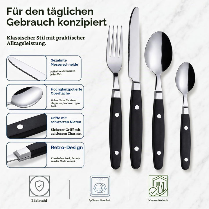 EXZACT Besteckset 24-teilig Edelstahl - mit Niet-Bastelgriffen/Besteck im Retro-Stil - 6 x Essgabeln