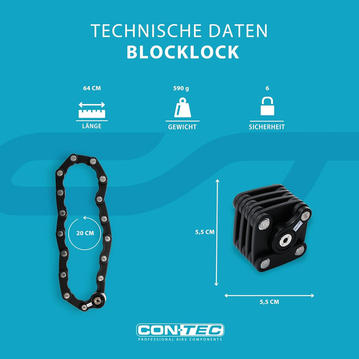CONTEC Fahrrad-Faltschloss BlockLock, Länge 64 cm, Aus gehärtetem Stahl, Mit Halterung, Hochsicher,