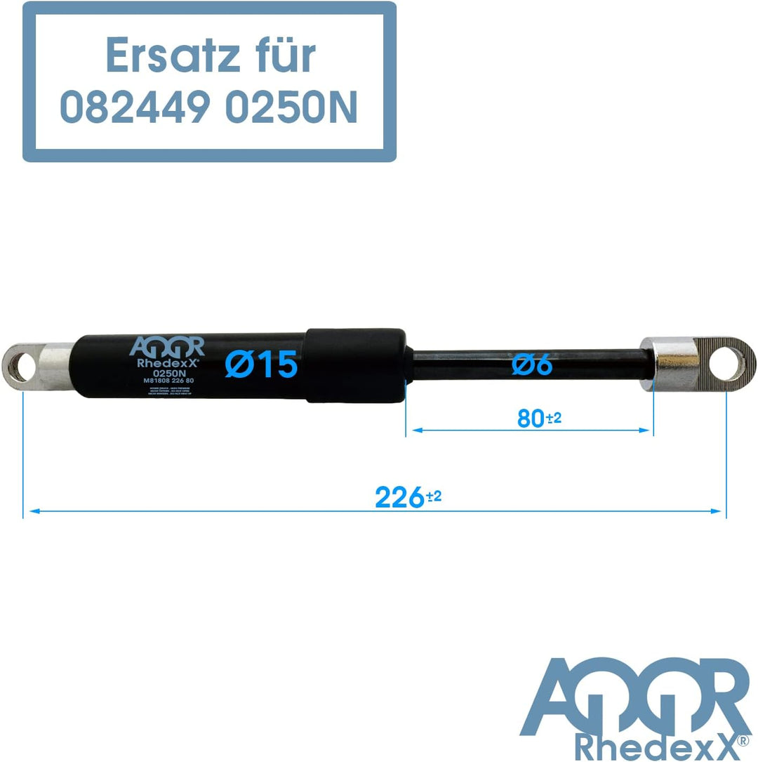 RhedexX® Gasdruckfeder Ersatz für LIFT-O-MAT 226mm/80mm/250N - 082449 0250N mit M6 Augenaufnahme Gas