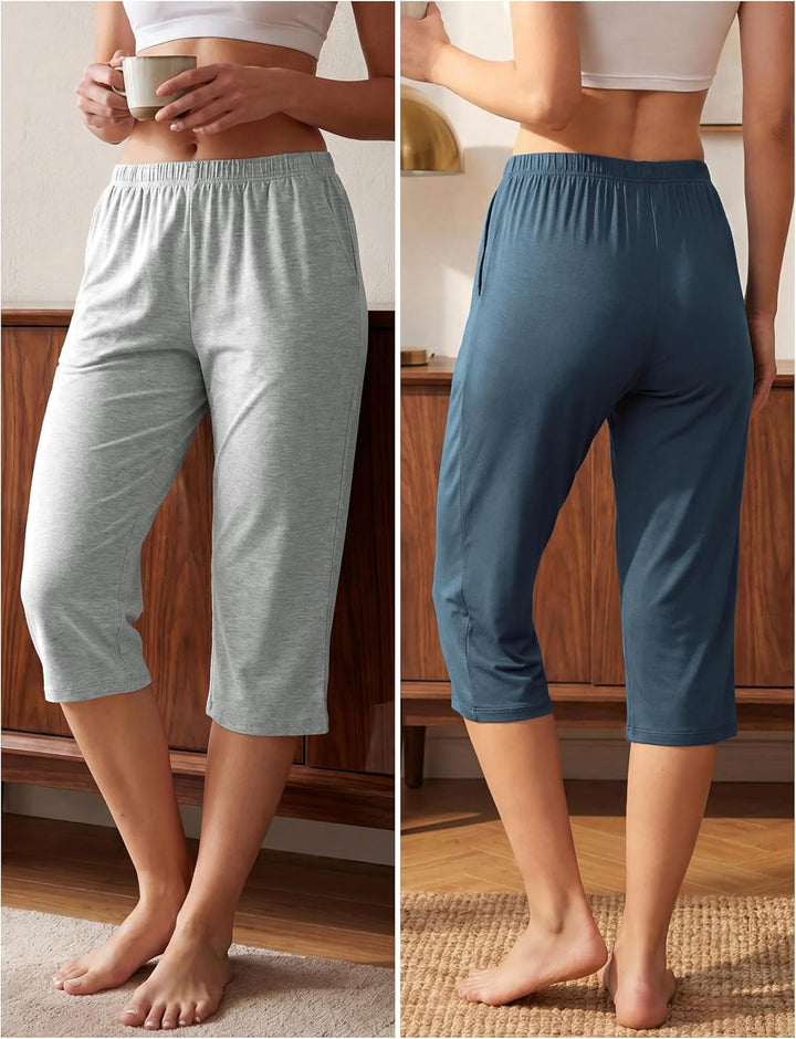 MoFiz Damen Schlafanzughose 3/4 Lang Schlafhose Modal Nachtwäsche Weich Pyjamahose Freizeithose mit