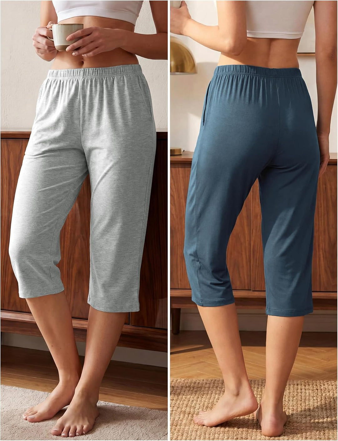 MoFiz Damen Schlafanzughose 3/4 Lang Schlafhose Modal Nachtwäsche Weich Pyjamahose Freizeithose mit