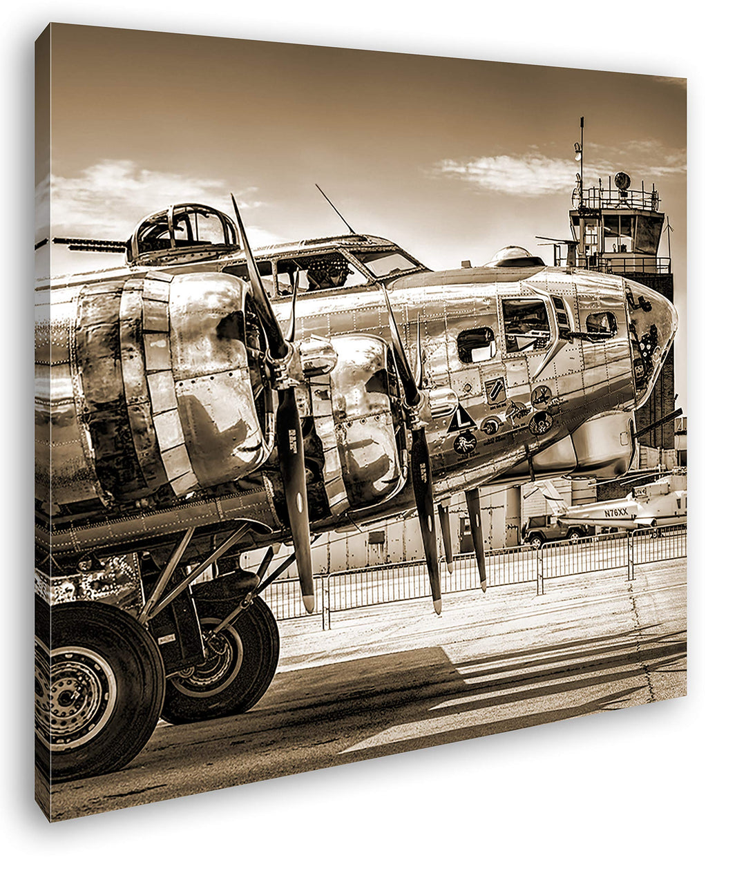 deyoli Silbernes Militär Flugzeug Format: 70x70 Effekt: Sepia als Leinwandbild, Motiv fertig gerahmt
