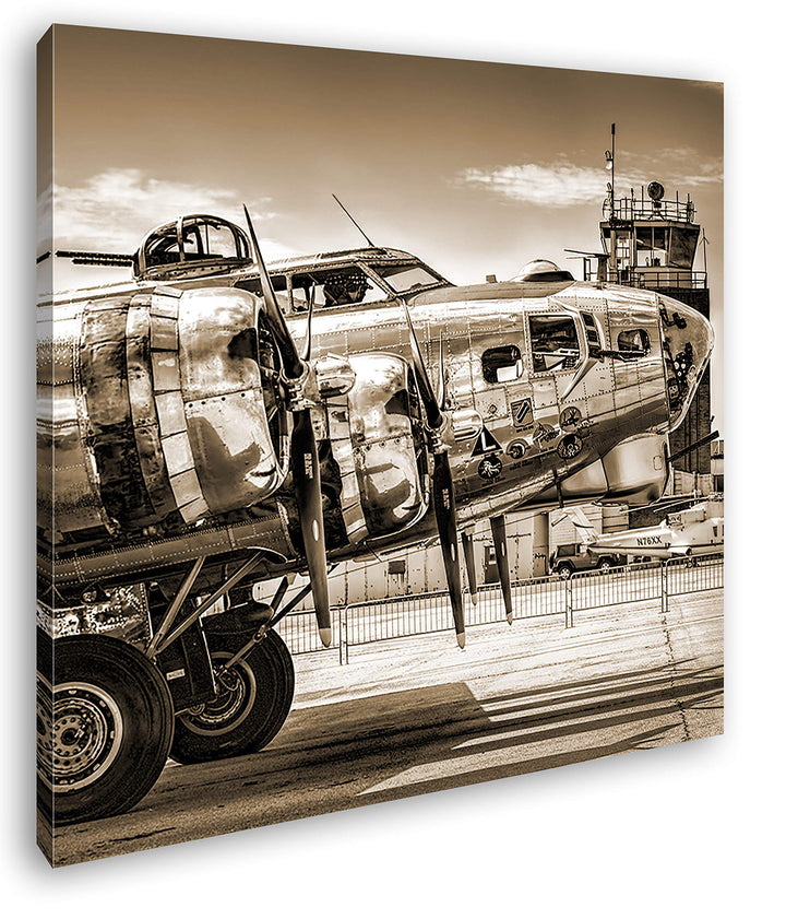 deyoli Silbernes Militär Flugzeug Format: 70x70 Effekt: Sepia als Leinwandbild, Motiv fertig gerahmt