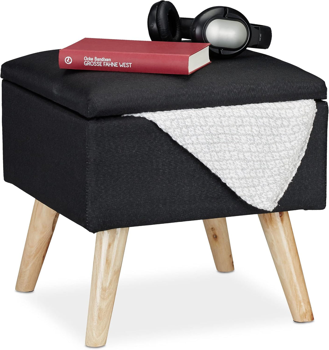 Relaxdays, schwarz Hocker mit Stauraum, Kunstleinen-Bezug, gepolstert, Holzbeine, Fusshocker mit Dec