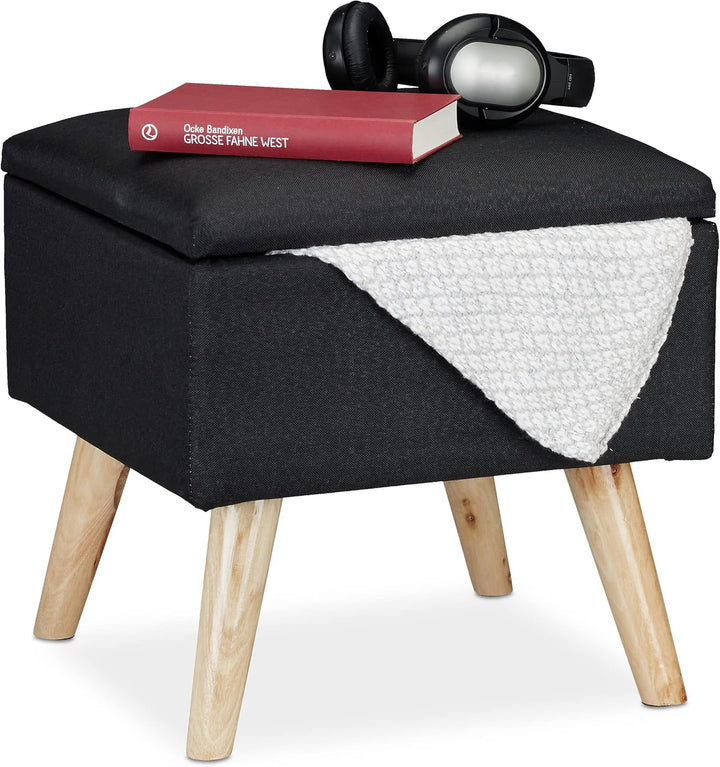 Relaxdays, schwarz Hocker mit Stauraum, Kunstleinen-Bezug, gepolstert, Holzbeine, Fusshocker mit Dec