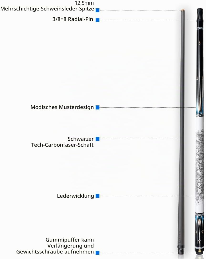 KONLLEN CUE-X Kohlefaser Pool Queue Leder Schwarz Technologie Low Deflection Billard HQ-06BF, 12,5 m