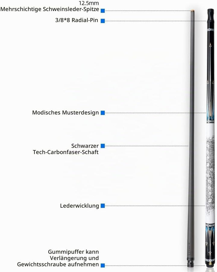 KONLLEN CUE-X Kohlefaser Pool Queue Leder Schwarz Technologie Low Deflection Billard HQ-06BF, 12,5 m