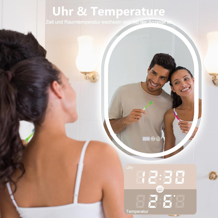 Badspiegel Mit Beleuchtung, 60x80 cm Oval Spiegel mit Beleuchtung, Badspiegel mit Uhr und Touch-Scha