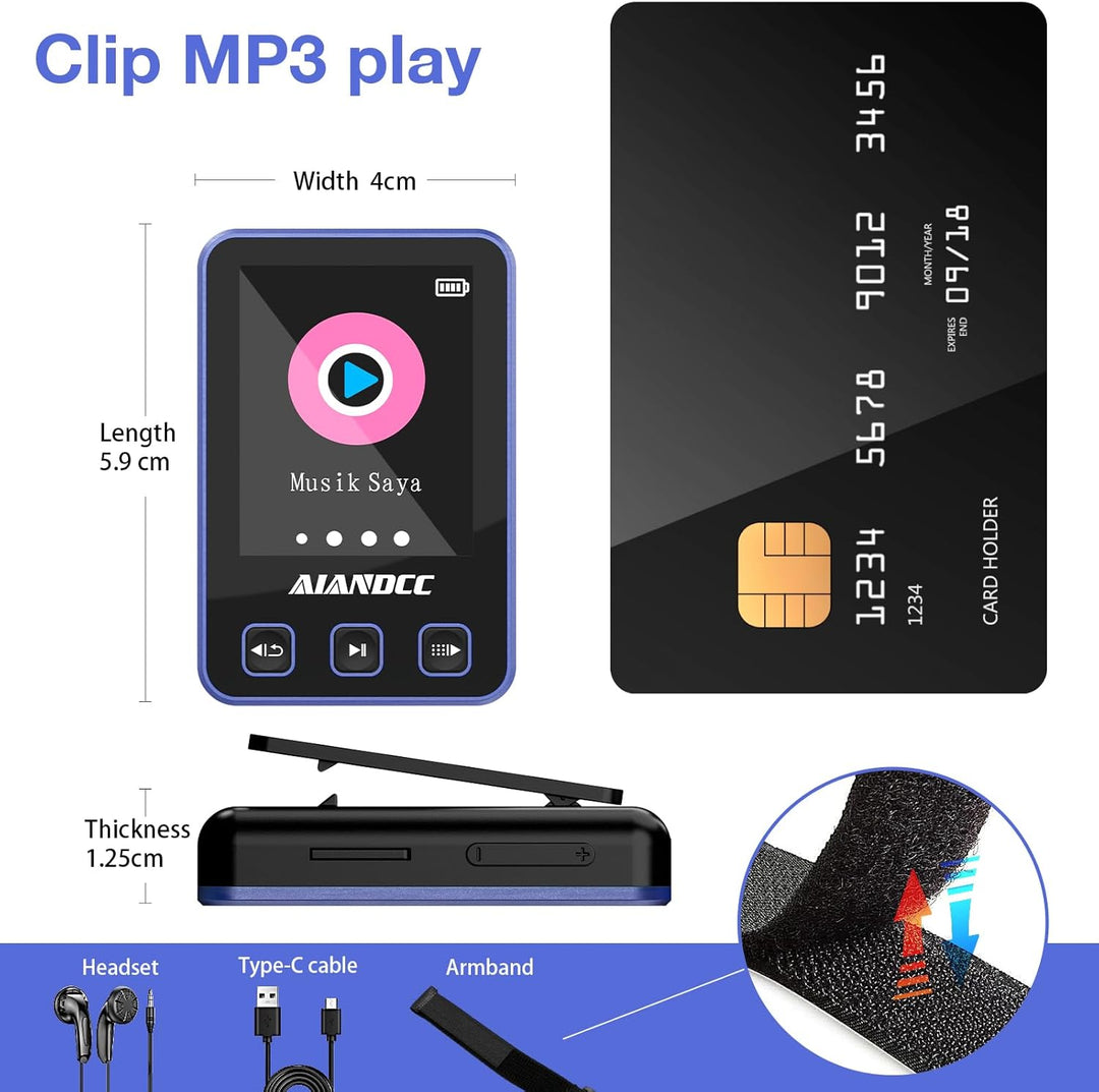 MP3 Player Bluetooth 5.3 mit Sport Clip und Sportarmband, mp3-player mit 1,77 Zoll TFT Farbbildschir