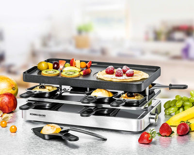 ROMMELSBACHER Raclette Grill RC 1400 - Wendeplatte zum Grillen & für Crepes, 8 Pfännchen, Antihaftbe