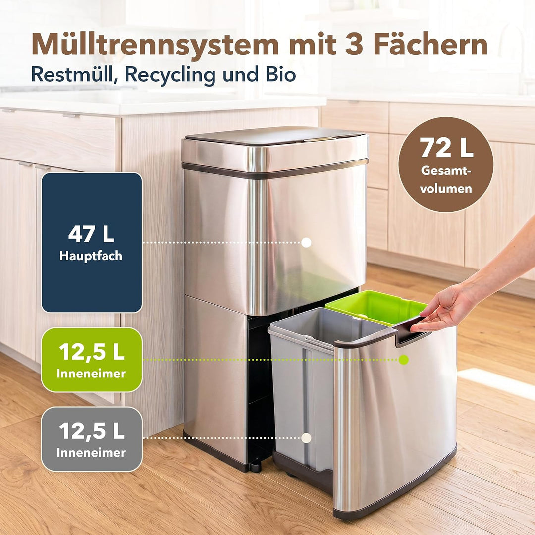 ledscom.de SORTA Sensor Mülleimer 72L, 3-Fächer Mülltrennsystem | Edelstahl, 3 Kammern: 47 L + 2×12,