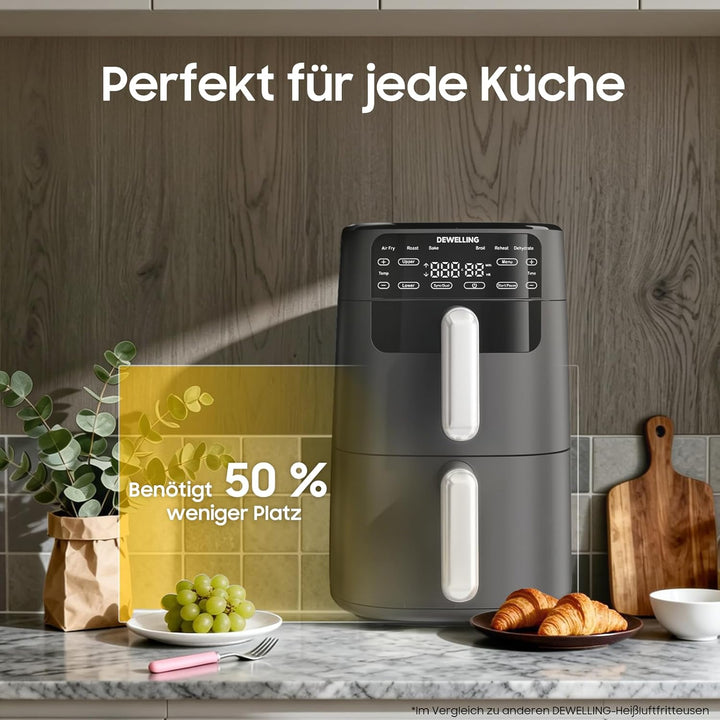 Vertikale Airfryer 10L XXL - 2700W Heissluftfritteuse 2 Kammern, Heissluftfritteuse mit 6 Programme,