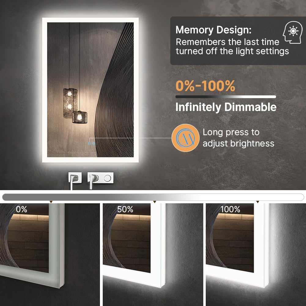 badezimmerspiegel mit Beleuchtung, Sandstrahl-Design led Spiegel Bad, 3 Farbtemperaturen, Dimmbar, E