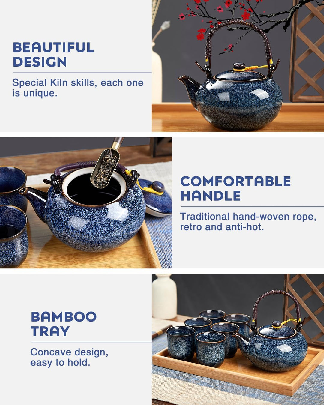 DUJUST japanische Porzellan Teeservice, einzigartiges chinesisches Teeservice Set, hellblau, Blau