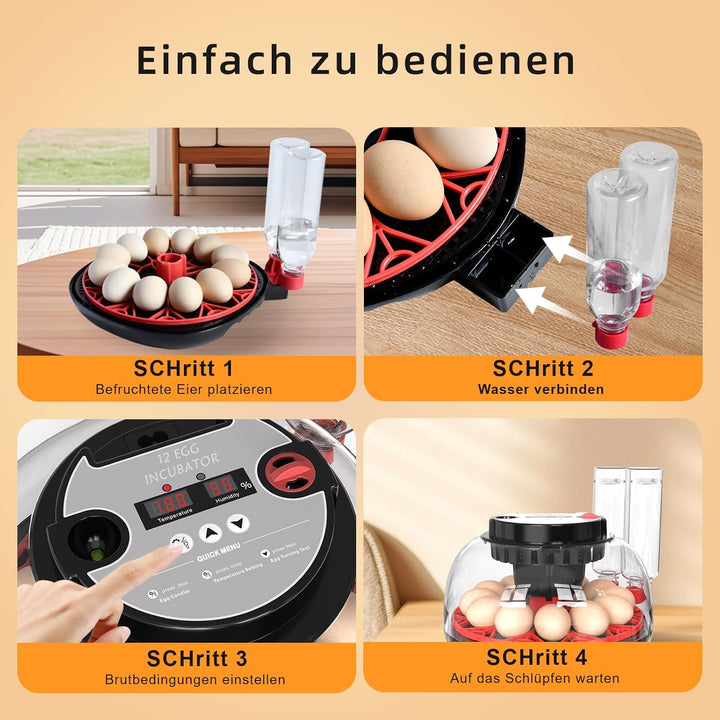 Brutautomat Vollautomatisch Eierinkubator 12 Eier mit Wasserversorgung,Automatischem Eierwender und