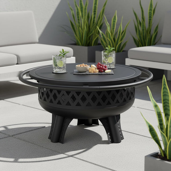 Relaxdays Feuerschale, Ø 80,5 cm, Verstellbarer Grillrost, Deckel &amp; Schürhaken, Feuerstelle Garten,