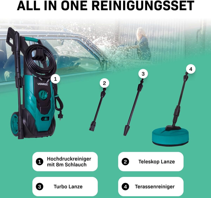 VONROC Hochdruckreiniger 140bar - Fassadenreiniger für mittlere Reinigungsarbeiten [1800W] - Durchfl