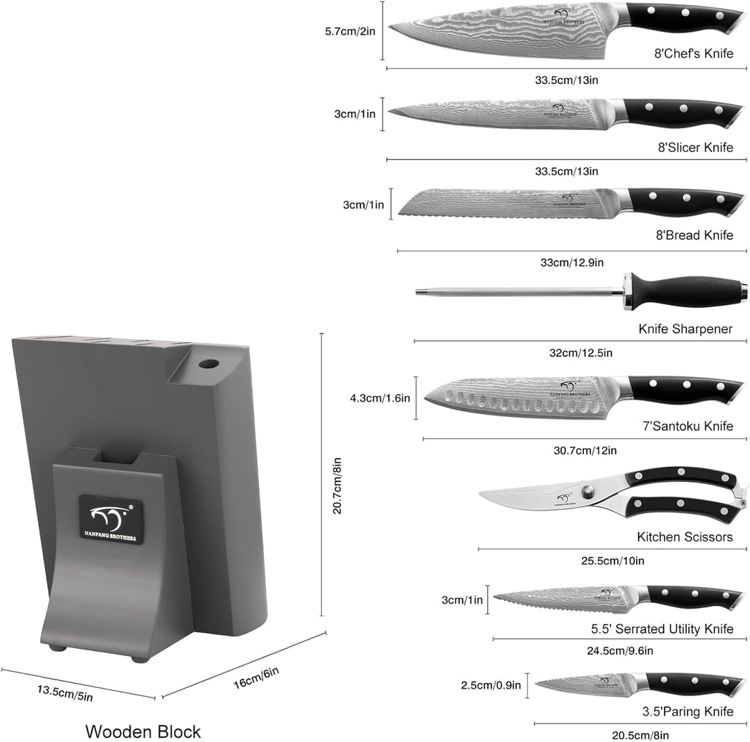 NANFANG BROTHERS 9er Damastmesser küchenmesser Set mit Buchenholzmesserblock, Messerblock mit Messer