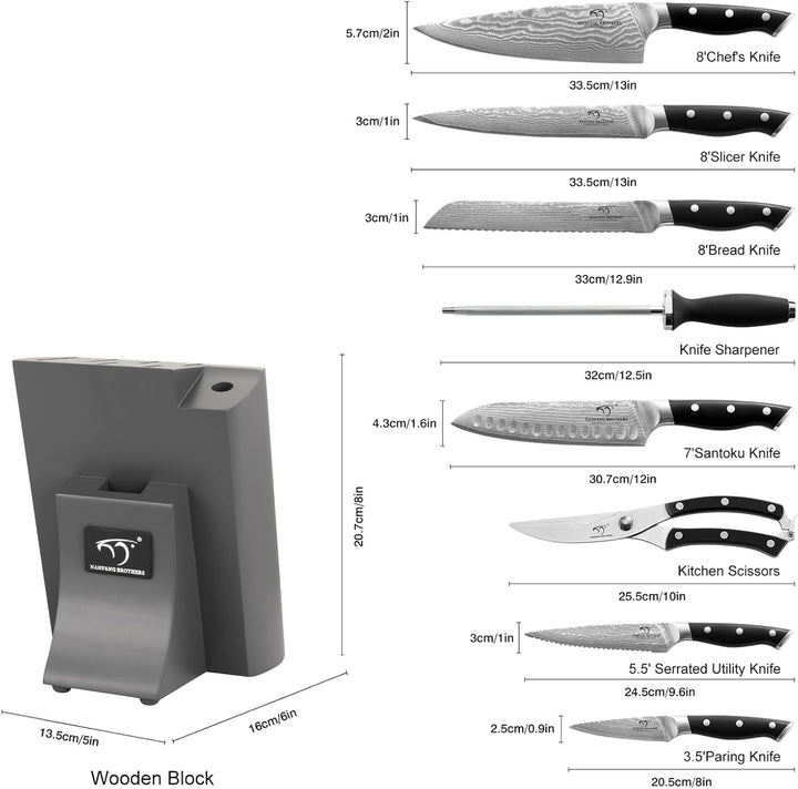 NANFANG BROTHERS 9er Damastmesser küchenmesser Set mit Buchenholzmesserblock, Messerblock mit Messer