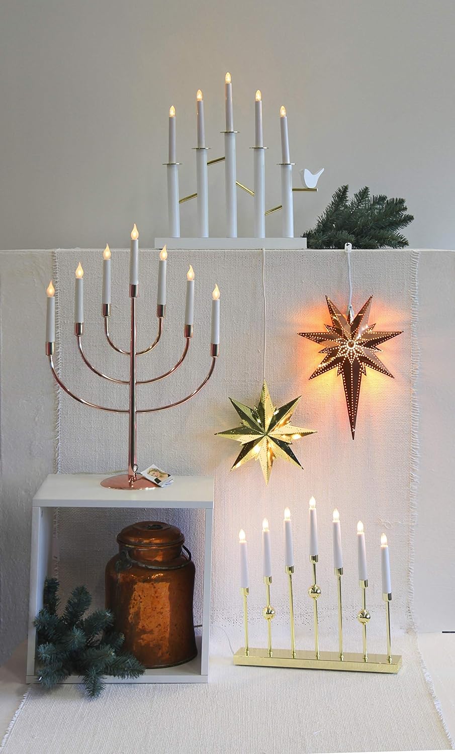 Star LED-Fensterleuchter"Birdy", 5-flammig, Material: Holz, Farbe: weiss/gold, ca. 43x45 cm, 644-01