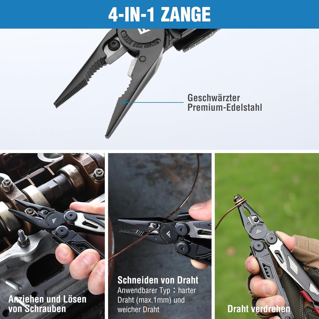 FLISSA Multifunktionszange 19-in-1, Multitool mit Glasbrecher und Feuerstarter, Faltbares Multifunkt