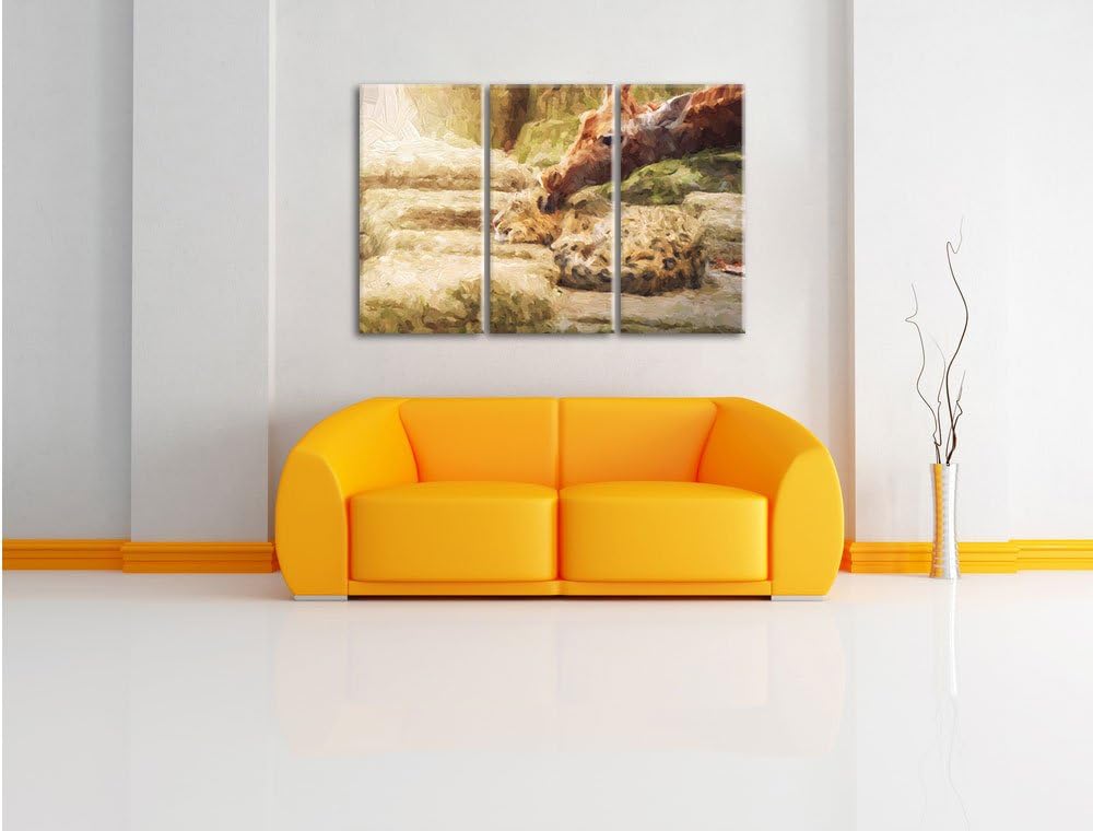Pixxprint Leopard und Giraffe / 3-Teilig/Gesamtmass 120cm Leinwandbild bespannt auf Holzrahmen/Wandb