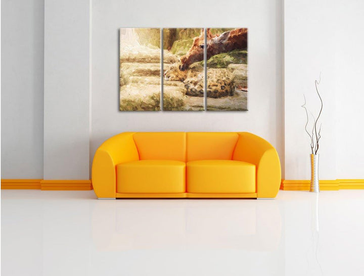 Pixxprint Leopard und Giraffe / 3-Teilig/Gesamtmass 120cm Leinwandbild bespannt auf Holzrahmen/Wandb