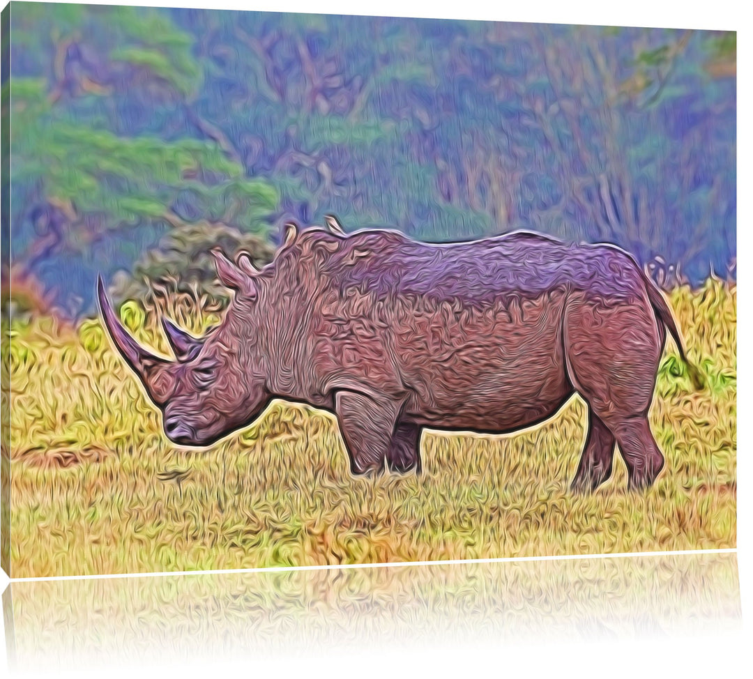 grosses Nashorn in der Savanne Spezial Format: 100x70 cm auf Leinwand, XXL riesige Bilder fertig ger