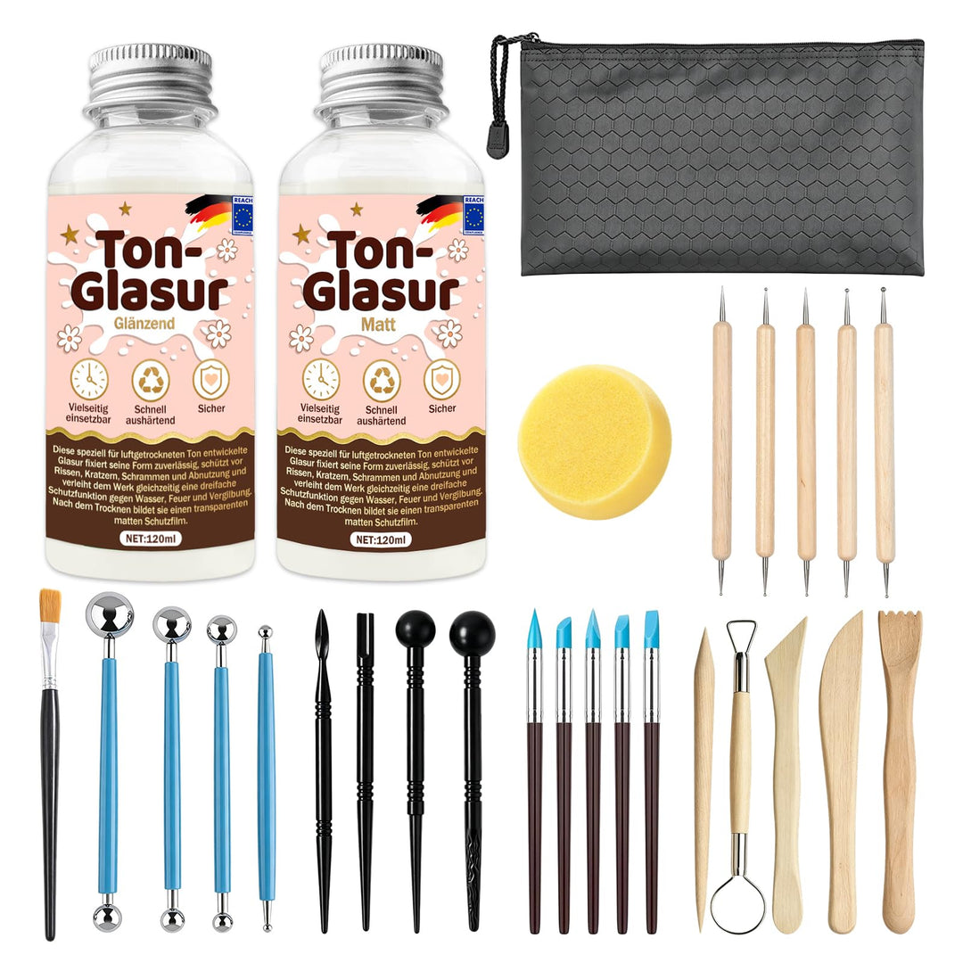 120 ml Lufttrocknend Ton Glasur Air Dry Clay Glaze, 27pcs Modellierwerkzeug, schützt Keramik vor Ver