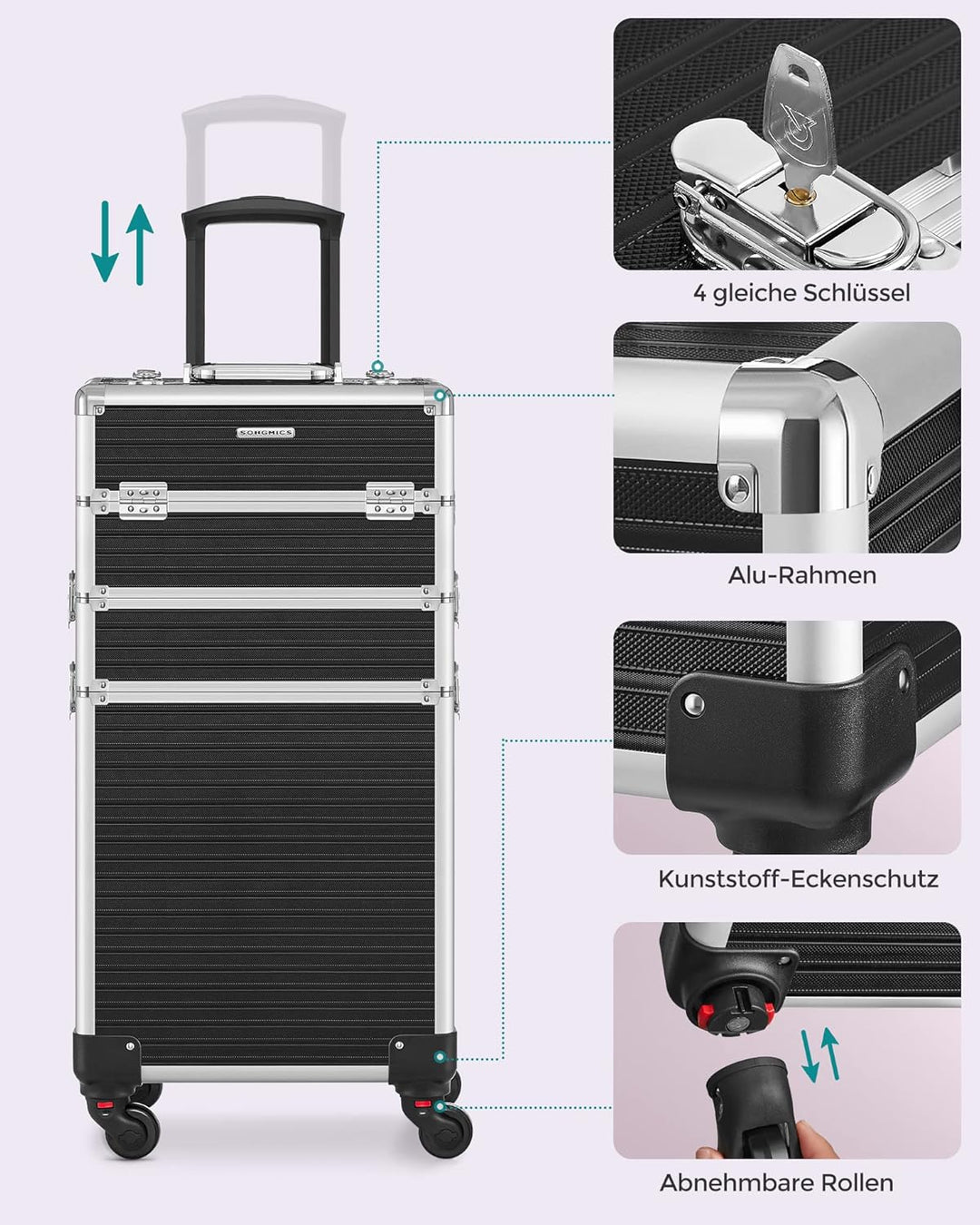 SONGMICS Kosmetikkoffer, Trolley, 3-in-1 Schminkkoffer, extra gross, Friseurkoffer, 34 x 24 x 70,5 c