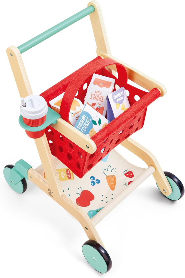 Hape Little Shopper Einkaufswagen aus Holz – Kinder Einkaufswagen mit Korb &amp; Zubehör – Kaufladen Zub