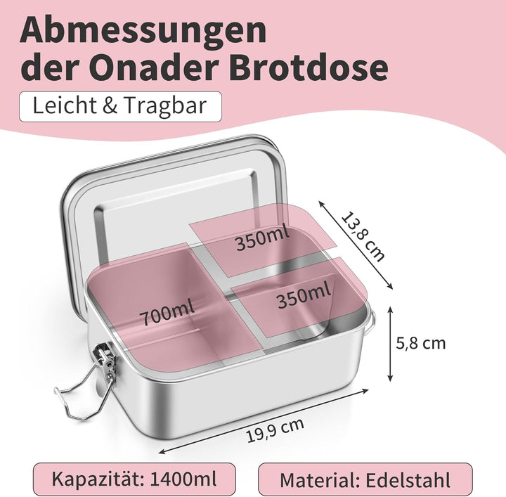 Onader Edelstahl Brotdose mit Fächern, 1400ml Bento Box Lunchbox mit Abnehmbar Trennwand, Metall Lun