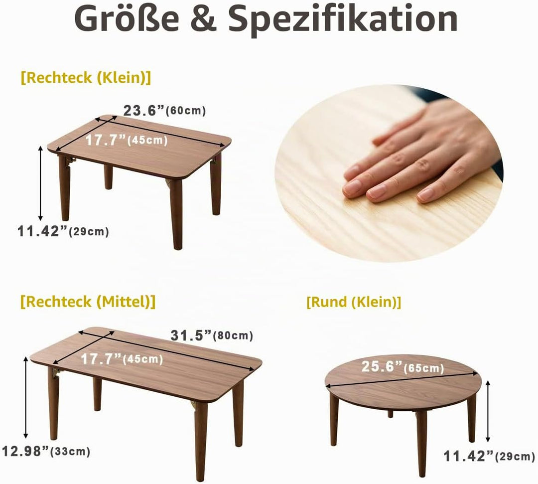 EMOOR Klapptisch Holz, Klein-Rund Naturfarben, Couchtish Tatami Tisch, Klein-Rund Naturfarben