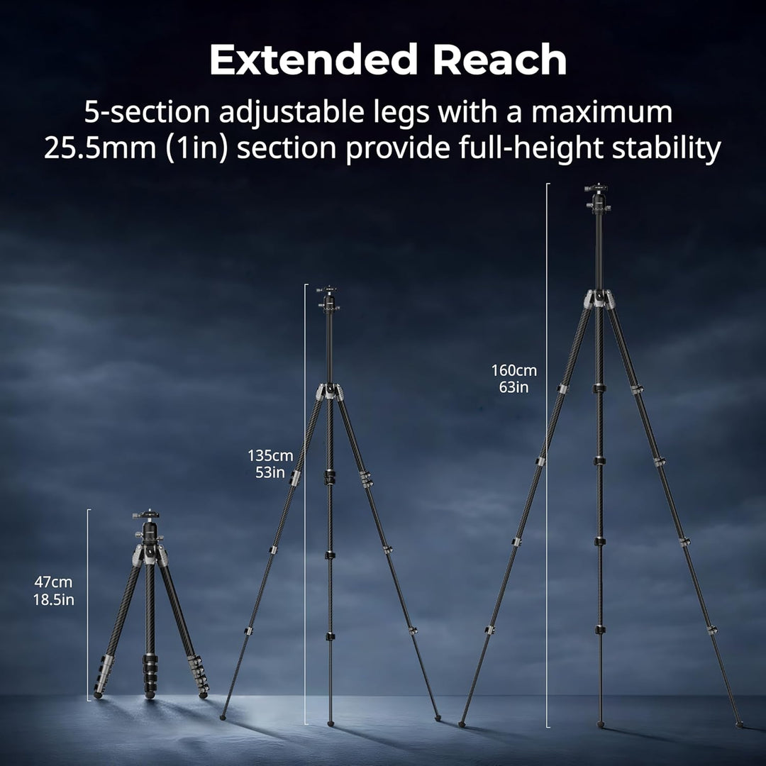 SMALLRIG 160 cm / 62,63'' Carbonfaser-Kamerastativ, 360°-Kugelkopf, max. Traglast 5 kg / 11 lbs, Gew