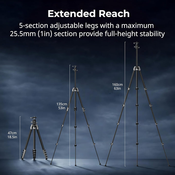 SMALLRIG 160 cm / 62,63'' Carbonfaser-Kamerastativ, 360°-Kugelkopf, max. Traglast 5 kg / 11 lbs, Gew