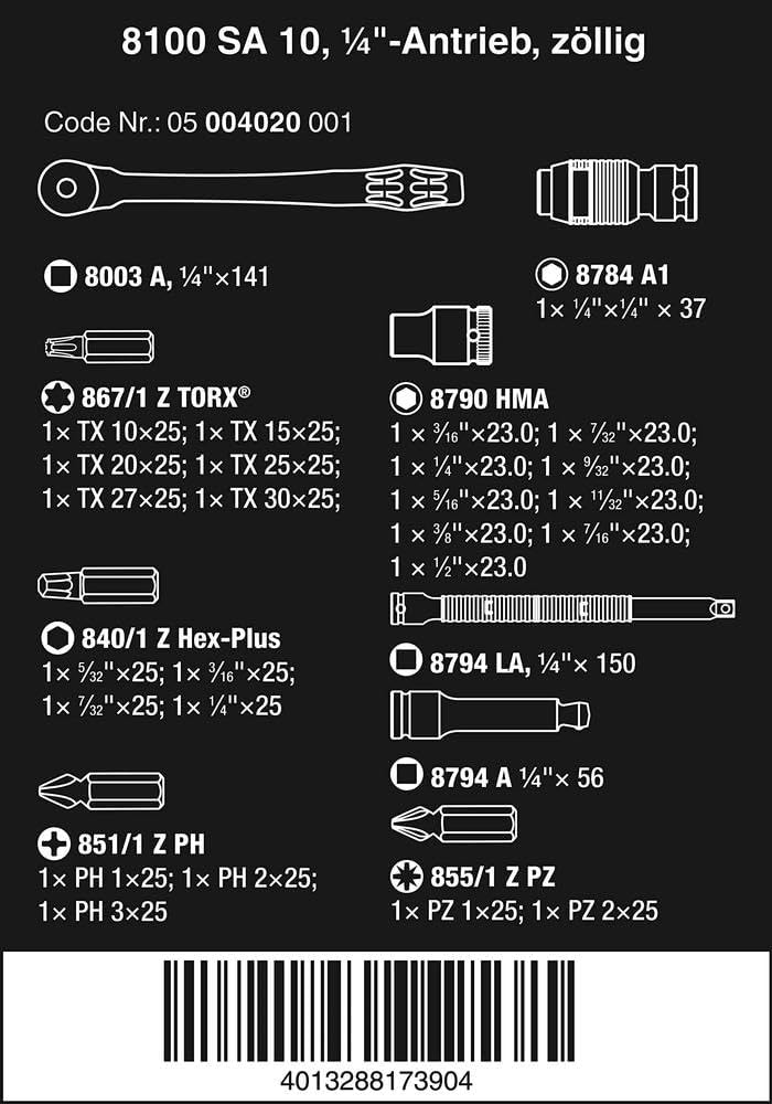 Wera 05004020001 8100 SA 10 Zyklop Metal-Knarrensatz, Durchsteckvierkant, 1/4 Zoll -Antrieb, zöllig,