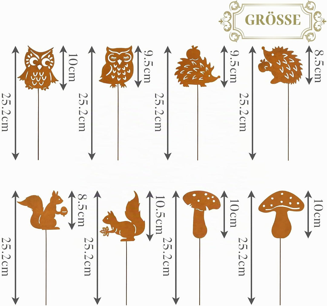 Valery Madelyn 8er Rost Gartenstecker für Herbstdeko Draussen,25cm Rostoptik Gartendeko mit Igel Eul