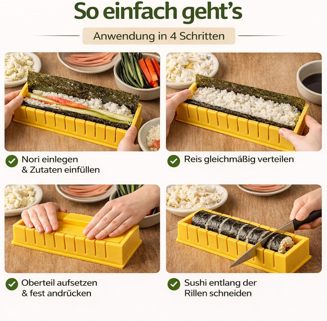 Sushi Maker Set 4-TLG. für Anfänger & Kinder – DIY Sushi Form mit Presse für quadratische Rollen – K