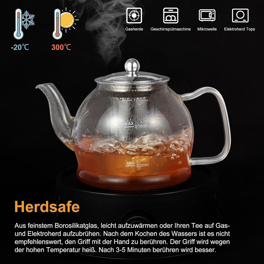 1200ML Teekanne Glas Set, Teeservice 4 Gläser, Borosilikatglas Glasteekanne mit Siebeinsatz, Tee-Ei