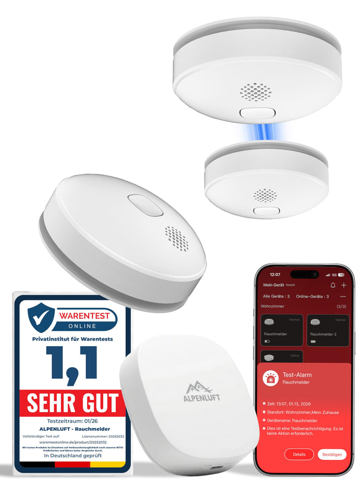 ALPENLUFT Rauchmelder mit Smart App 10 Jahre Batterie, TESTSIEGER Feuermelder Funk und WLAN Vernetzt
