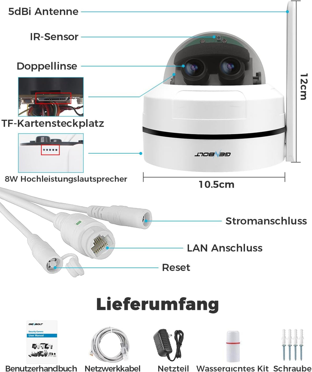 GENBOLT [10X Hybridzoom 2.5K POE WLAN Überwachungskamera | 24/7 Daueraufzeichnung,360° Überwachungsk