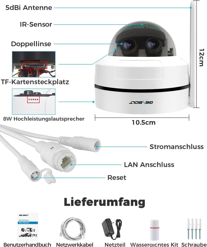 GENBOLT [10X Hybridzoom 2.5K POE WLAN Überwachungskamera | 24/7 Daueraufzeichnung,360° Überwachungsk