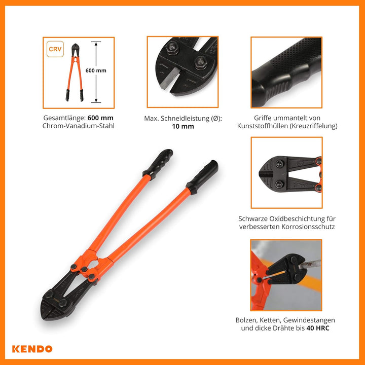 KENDO Bolzenschneider – Länge: 600 mm – Schneidleistung (Ø): Max. 10 mm – 40 HRC – Extra gehärtete S