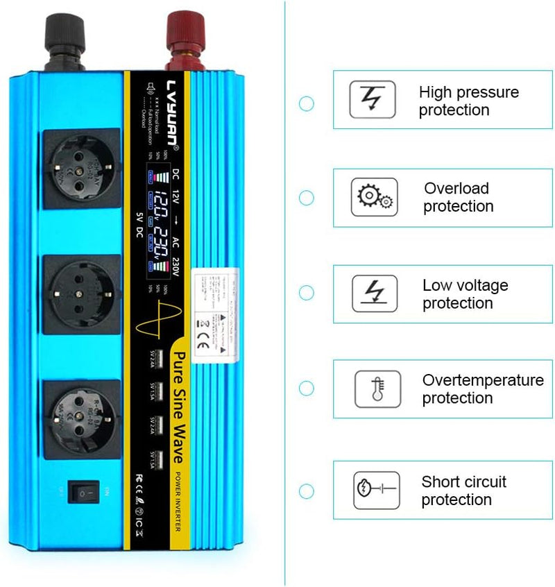 Cantonape Reiner Sinus Wechselrichter 2500W/5000W DC 12V auf AC 230V Spannungswandler Power Inverter