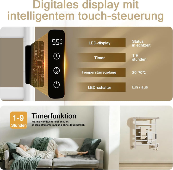 Handtuchheizkörper Elektrisch Schwarz mit Lagerregal, 180° Drehung Handtuchwärmer Elektrisch Handtuc
