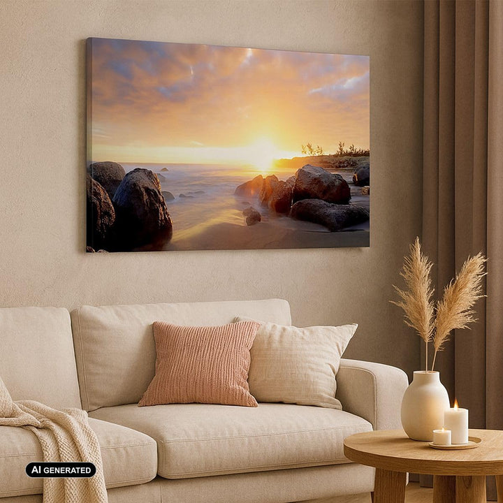 Bilder auf Leinwand Meer Strand Felsen Leinwandbild mit Rahmen 70x50cm Wandbilder Dekoration Wohnzim
