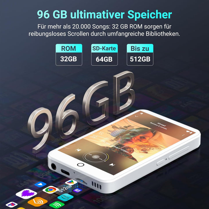 96GB MP3 Player mit Bluetooth und WiFi, Android 13 MP3 MP4 Player mit 4“ Touchscreen und Lautspreche
